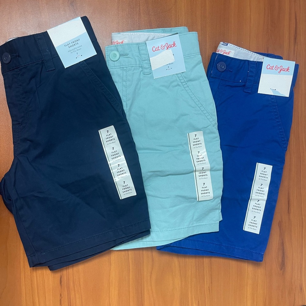 Lot of 3 Cat&Jack Boys Size 7 Flat Front Shorts‎ Bundle All Blues School Casual